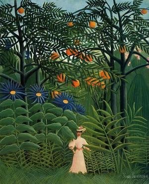 Woman Walking In An Exotic Forest