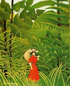 Woman With An Umbrella In An Exotic Forest